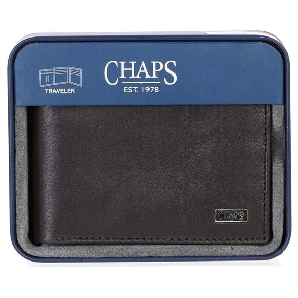 Chaps Men Dark Brown Traveler Bifold Genuine Leather Wallet RFID Protection - Picture 1 of 7
